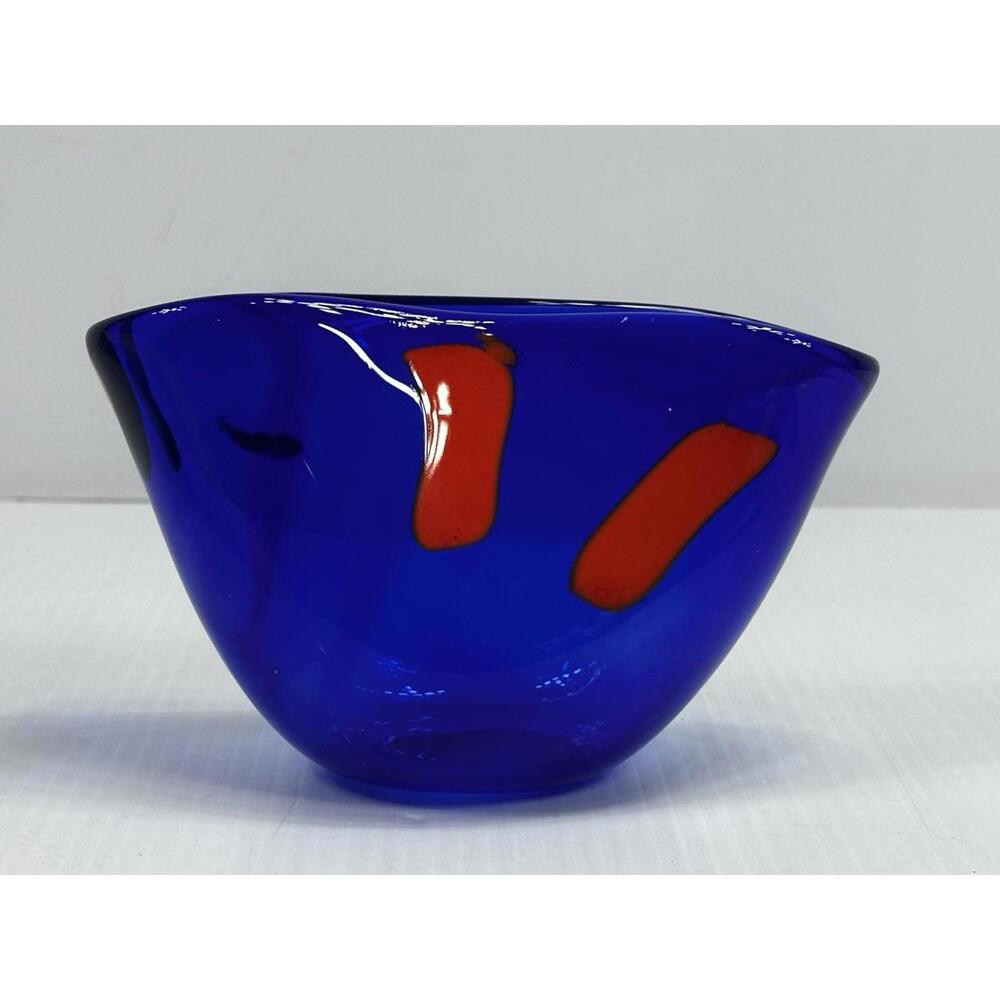 Handblown Blue Orange Swirl Abstract Art Glass Vase Bowl Studio‎ Fluid Shape